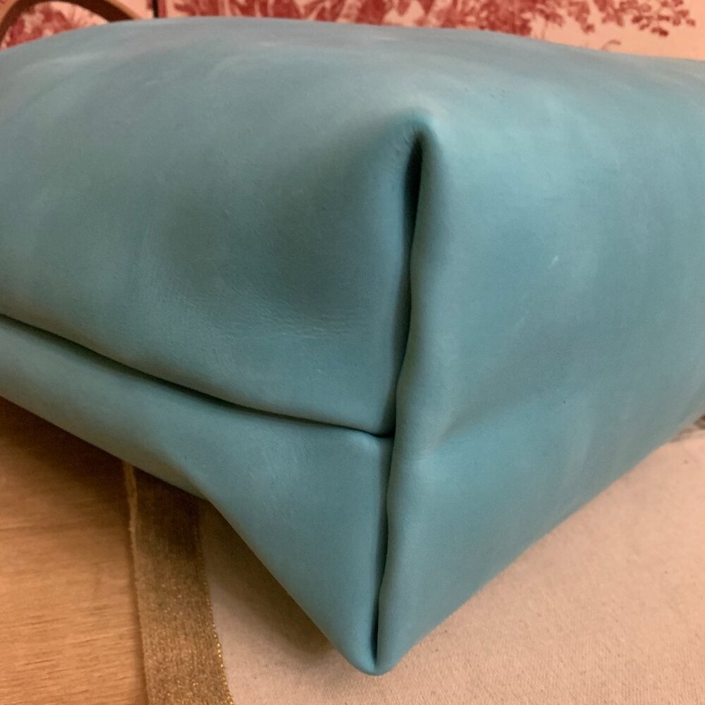 Turquoise Leather Tote with Brown Leather Handles by KMM & Co - Picture 11 of 14